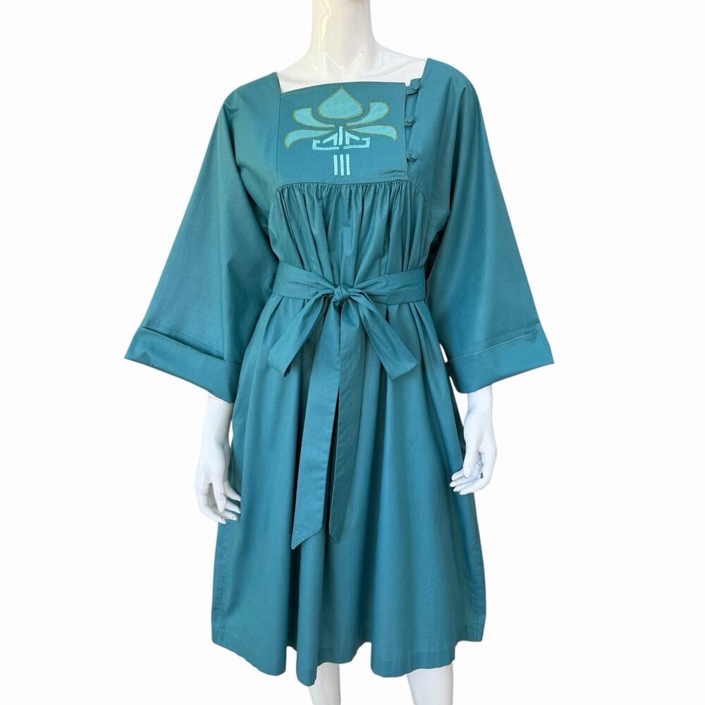 Vintage 1970’s ROBERTA VERCELLINO Muted Teal Cotton Dress With Appliqué, Mexico